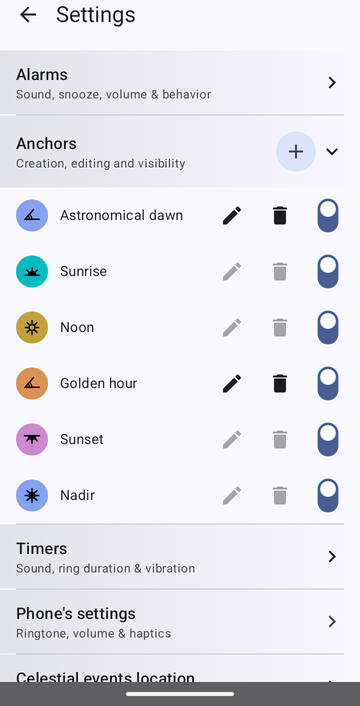 Settings, Anchors section: two custom anchors, Astronomical dawn and Golden hour, each with an edit and a delete button, among the factory anchors Sunrise, Noon, Sunset and Nadir. Every row carries a visibility switch, all of them on.