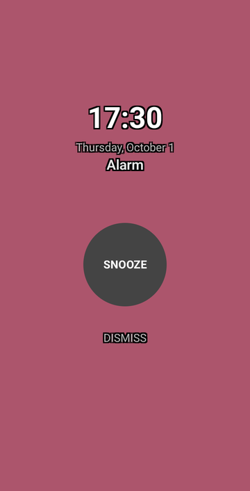 Risetime's dismiss screen for a ringing alarm, filled edge to edge with a dusty rose colour taken from the sun's position: the time 17:30, the date Thursday, October 1, the word Alarm, a large circular SNOOZE button, and DISMISS below it.