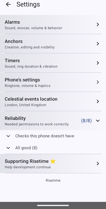 Risetime settings screen with rows for Alarms, Anchors, Timers, Phone's settings, and Celestial events location set to London, United Kingdom. The Reliability row reads 8 of 8 checks passing and is open on Checks this phone doesn't have and All good (8). Supporting Risetime sits below, and the footer reads Risetime.