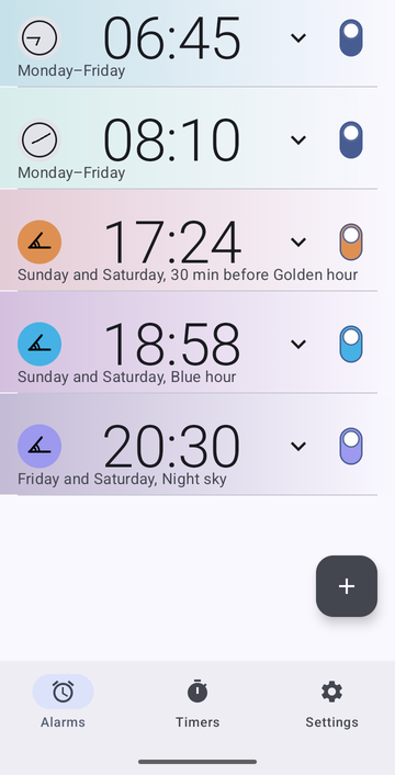 The Risetime alarm list with five alarms: 06:45 and 08:10 Monday to Friday on Absolute; 17:24 on Sunday and Saturday, 30 min before Golden hour; 18:58 on Sunday and Saturday at Blue hour; and 20:30 on Friday and Saturday at Night sky.