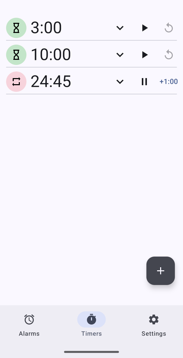 Risetime timers list with three countdowns: 3:00 and 10:00 both stopped, each with a play button and a reset button, and a longer one still running with a pink repeat badge, a pause button and a +1:00 button. The Alarms, Timers and Settings tabs run along the bottom.